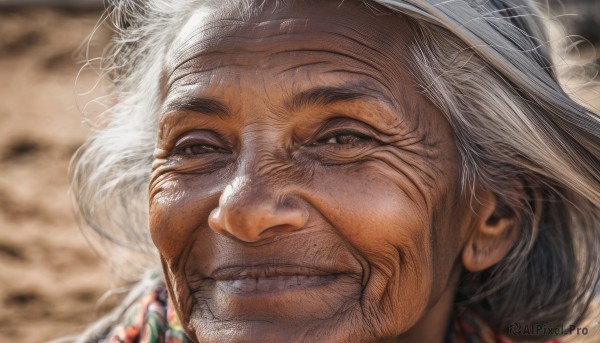 1girl,solo,looking at viewer,smile,1boy,brown eyes,white hair,grey hair,male focus,parted lips,teeth,mole,grin,blurry,lips,blurry background,facial hair,portrait,mole under mouth,realistic,old,old man,old woman,wrinkled skin,long hair,hat,grey eyes,half-closed eyes,beard,close-up