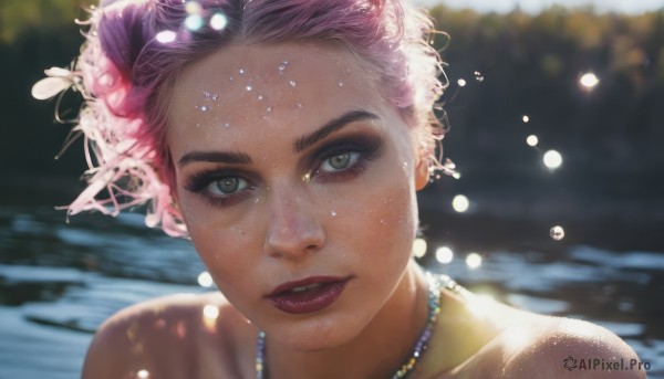 1girl,solo,looking at viewer,short hair,hair ornament,bare shoulders,brown eyes,jewelry,green eyes,collarbone,pink hair,flower,parted lips,hair flower,dark skin,water,necklace,blurry,dark-skinned female,lips,eyelashes,makeup,depth of field,blurry background,lipstick,portrait,close-up,freckles,beads,realistic,red lips,pearl necklace,mole on cheek,teeth,gem,lens flare,eyeshadow,water drop,nose,bokeh,mascara