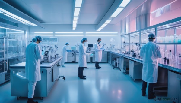 1girl,short hair,brown hair,black hair,long sleeves,hat,holding,standing,male focus,multiple boys,glasses,pants,indoors,dark skin,2boys,black footwear,uniform,3boys,reflection,6+boys,4boys,labcoat,tiles,ceiling,doctor,multiple girls,gloves,mask,scenery,mouth mask,surgical mask,gas mask