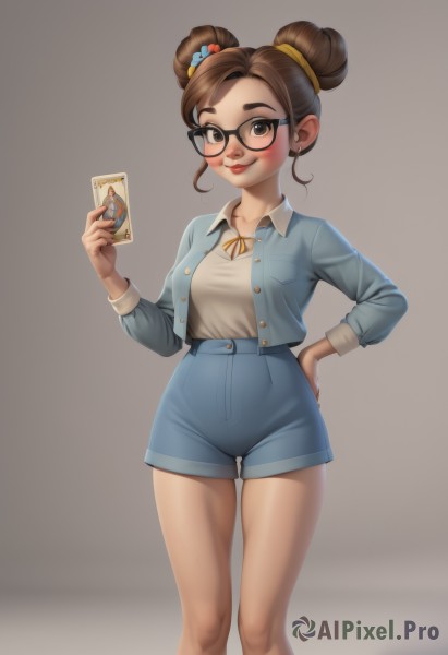 1girl,solo,breasts,looking at viewer,blush,smile,short hair,simple background,brown hair,shirt,hair ornament,long sleeves,ribbon,holding,brown eyes,jewelry,medium breasts,closed mouth,standing,collarbone,jacket,white shirt,earrings,open clothes,glasses,shorts,collared shirt,hair bun,lips,hand on hip,short shorts,double bun,neck ribbon,buttons,phone,denim,blue jacket,brown background,black-framed eyewear,blue shorts,denim shorts,yellow ribbon,card,high-waist shorts,thighs,nail polish,official alternate costume,thick eyebrows,cellphone,smartphone,holding phone,nose