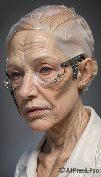 1girl,solo,looking at viewer,simple background,shirt,1boy,jewelry,collarbone,white shirt,white hair,grey hair,male focus,earrings,parted lips,glasses,teeth,collared shirt,grey background,hair bun,lips,gradient,grey eyes,gradient background,single hair bun,portrait,veins,black-framed eyewear,realistic,old,old man,old woman,wrinkled skin,blue eyes,black eyes,nose,bald,eyewear strap