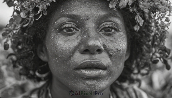 1girl,solo,looking at viewer,hair ornament,monochrome,flower,greyscale,parted lips,teeth,dark skin,blurry,lips,depth of field,portrait,freckles,curly hair,realistic,1boy,male focus,eyelashes,leaf,close-up