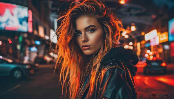 1girl,solo,long hair,looking at viewer,blue eyes,green eyes,jacket,upper body,red hair,multicolored hair,outdoors,parted lips,dark skin,hood,orange hair,blurry,two-tone hair,dark-skinned female,lips,hoodie,gradient hair,makeup,night,depth of field,blurry background,hood down,ground vehicle,messy hair,motor vehicle,freckles,city,realistic,nose,car,road,brown hair,brown eyes,from side,eyelashes,watermark,thick eyebrows,lipstick,hooded jacket,web address,eyeshadow,street,bokeh,city lights,lights,neon lights