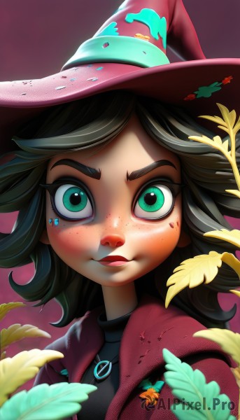 1girl,solo,looking at viewer,smile,brown hair,shirt,black hair,hat,jewelry,closed mouth,green eyes,jacket,upper body,flower,artist name,medium hair,necklace,blurry,lips,black shirt,eyelashes,blood,makeup,witch hat,leaf,thick eyebrows,plant,portrait,red jacket,freckles,wide-eyed,witch,pink headwear,dirty,dirty face,long hair,aqua eyes,web address,nose,facepaint