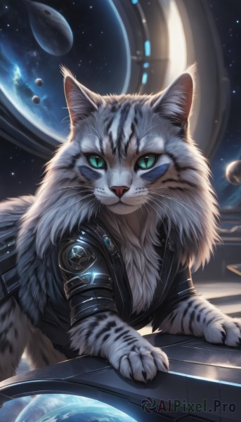 solo,looking at viewer,green eyes,jacket,signature,black jacket,no humans,animal,fangs,moon,cat,slit pupils,star (sky),colored sclera,space,leather,animal focus,planet,whiskers,leather jacket,earth (planet),blue sclera,1boy,artist name,claws,starry sky,realistic,white fur