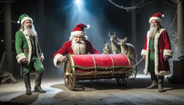 HQ,hat,standing,white hair,male focus,boots,multiple boys,2boys,facial hair,3boys,christmas,beard,santa hat,santa costume,mustache,antlers,old,old man,reindeer,brown hair,1boy,realistic,sack