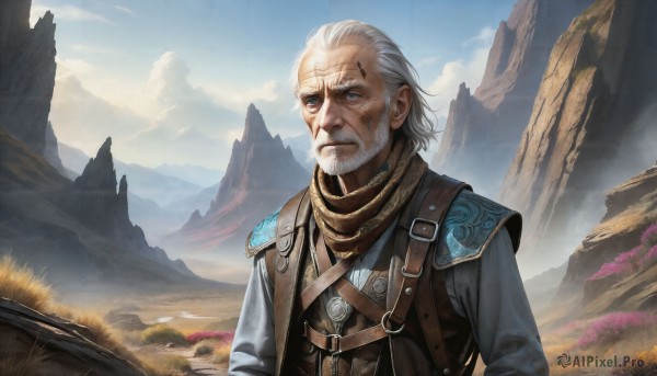 HQ,solo,blue eyes,long sleeves,1boy,closed mouth,upper body,white hair,male focus,outdoors,sky,day,cloud,scarf,armor,vest,blue sky,facial hair,scar,shoulder armor,scenery,beard,scar on face,mountain,realistic,scar across eye,old,old man,mountainous horizon,grey hair,lips,cloudy sky,grass,fantasy