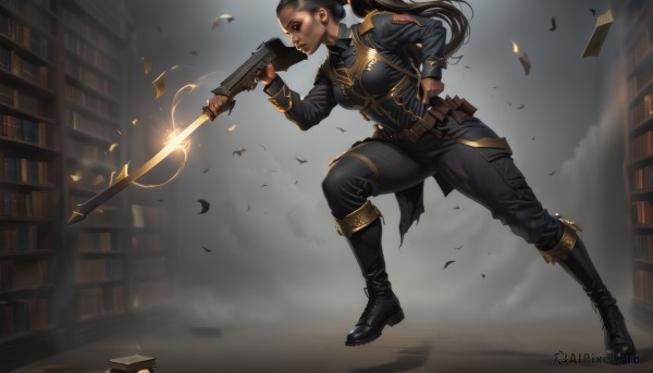 1girl,solo,long hair,breasts,brown hair,black hair,holding,full body,ponytail,weapon,boots,belt,pants,dark skin,black footwear,holding weapon,uniform,dark-skinned female,lips,hand on hip,gun,book,military,military uniform,knee boots,holding gun,rifle,smoke,pouch,motion blur,bookshelf,belt pouch,firing,library,shell casing,standing,sword,profile,holding sword,black pants