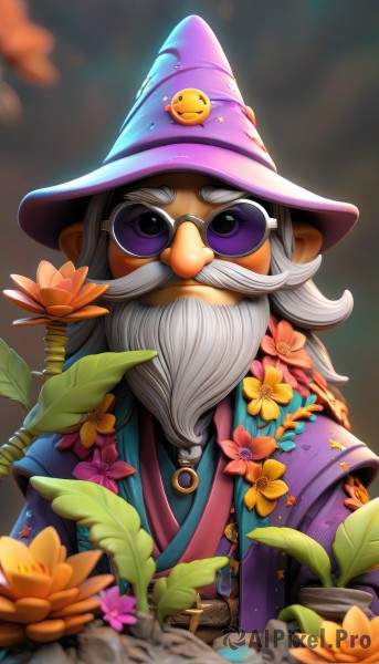 solo,looking at viewer,1boy,hat,jewelry,purple eyes,upper body,flower,white hair,grey hair,male focus,outdoors,glasses,necklace,blurry,official alternate costume,witch hat,blurry background,facial hair,sunglasses,thick eyebrows,plant,beard,mustache,purple headwear,old,wizard hat,orange flower,closed mouth,artist name,depth of field,leaf,watermark,web address,robe,wizard