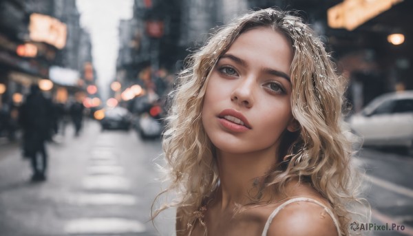 1girl,solo,long hair,looking at viewer,blue eyes,blonde hair,bare shoulders,upper body,outdoors,parted lips,teeth,blurry,lips,depth of field,blurry background,wavy hair,ground vehicle,portrait,motor vehicle,curly hair,realistic,car,road,street,jewelry,collarbone,necklace,head tilt,looking up,forehead,city,crosswalk