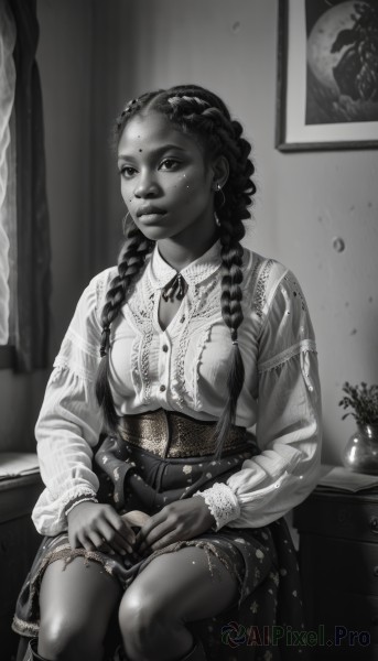 1girl,solo,long hair,breasts,looking at viewer,smile,skirt,shirt,thighhighs,long sleeves,ribbon,jewelry,medium breasts,sitting,closed mouth,monochrome,braid,greyscale,earrings,boots,indoors,dark skin,mole,twin braids,dark-skinned female,lips,book,mole under eye,window,feet out of frame,knee boots,plant,curtains,hair over shoulder,corset,freckles,realistic,nose,potted plant,painting (object),multiple braids,hair ornament,bracelet,chair,facial mark,piercing,blouse,forehead mark,vase,fine art parody,hands on lap,hands on own thighs,portrait (object)