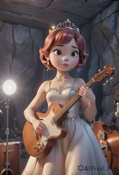 1girl,solo,breasts,looking at viewer,short hair,brown hair,dress,holding,bare shoulders,brown eyes,jewelry,closed mouth,standing,collarbone,earrings,small breasts,sleeveless,artist name,indoors,necklace,white dress,lips,bare arms,sleeveless dress,watermark,tiara,crown,instrument,music,guitar,playing instrument,holding instrument,electric guitar,drum,drum set,blush,spotlight