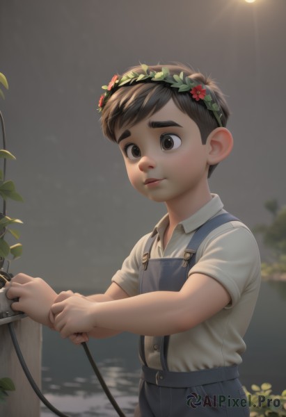 solo,short hair,brown hair,shirt,black hair,1boy,holding,brown eyes,closed mouth,white shirt,flower,short sleeves,male focus,outdoors,collared shirt,water,night,leaf,thick eyebrows,suspenders,plant,child,overalls,male child,head wreath,blue overalls,overall shorts,blush,upper body,hair flower,lips,sunlight,freckles,nose