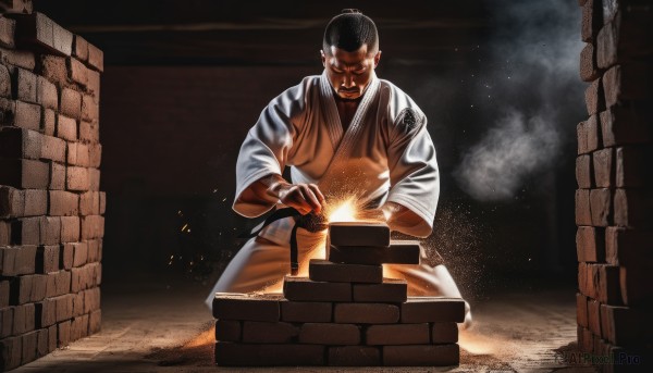 solo,looking at viewer,short hair,black hair,1boy,male focus,kneeling,glowing,facial hair,beard,robe,fighting stance,wall,brick wall,dougi,dust,closed mouth,closed eyes,japanese clothes