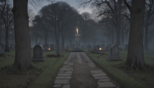 outdoors,sky,cloud,tree,no humans,night,grass,cross,nature,scenery,forest,road,candle,bare tree,fog,tombstone,path,church,graveyard,grave,fire