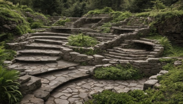 outdoors,day,tree,no humans,traditional media,grass,plant,nature,scenery,forest,rock,stairs,road,bush,path,moss,stone stairs,stone