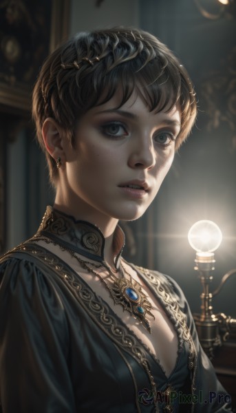 1girl,solo,breasts,looking at viewer,short hair,bangs,brown hair,black hair,dress,cleavage,brown eyes,jewelry,upper body,braid,earrings,small breasts,parted lips,choker,indoors,necklace,mole,blurry,black eyes,black dress,lips,grey eyes,eyelashes,mole under eye,depth of field,blurry background,gem,freckles,realistic,nose,very short hair,teeth,light,lamp