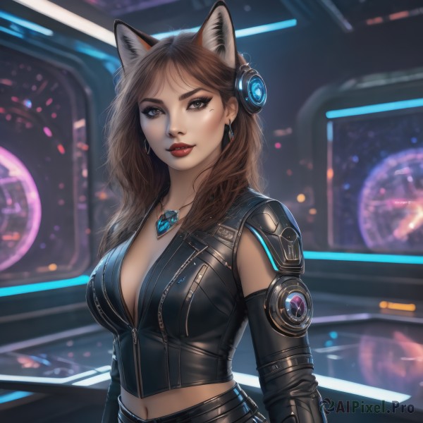 1girl,solo,long hair,breasts,looking at viewer,large breasts,brown hair,navel,animal ears,cleavage,brown eyes,jewelry,medium breasts,upper body,earrings,parted lips,elbow gloves,midriff,cat ears,necklace,mole,blurry,lips,mole under eye,makeup,blurry background,headphones,lipstick,pendant,zipper,science fiction,nose,red lips,eyeliner,leather,bangs,detached sleeves,artist name,indoors,parted bangs,eyelashes,fake animal ears,wolf ears,eyeshadow,realistic,cyberpunk