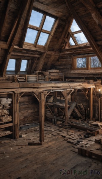 sky,day,indoors,tree,blue sky,book,no humans,window,chair,table,sunlight,scenery,desk,wooden floor,lamp,ruins,crate,wood,cloud,glass,broken,floor,ceiling,broken window