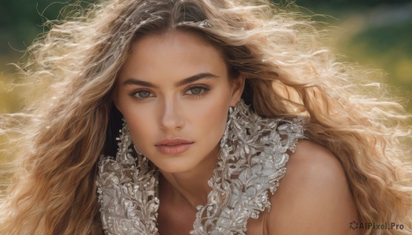 1girl,solo,long hair,looking at viewer,blue eyes,blonde hair,brown hair,bare shoulders,jewelry,upper body,hairband,earrings,parted lips,blurry,lips,grey eyes,eyelashes,depth of field,blurry background,wavy hair,portrait,freckles,curly hair,realistic,nose,brown eyes,very long hair,teeth,floating hair,close-up