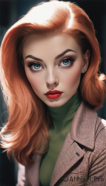 1girl,solo,long hair,breasts,looking at viewer,blue eyes,brown hair,shirt,jewelry,closed mouth,jacket,upper body,earrings,orange hair,blurry,sweater,lips,coat,eyelashes,makeup,turtleneck,lipstick,eyeshadow,realistic,nose,green shirt,red lips,stud earrings,eyeliner,mascara,red hair,parted lips,artist name,watermark,portrait