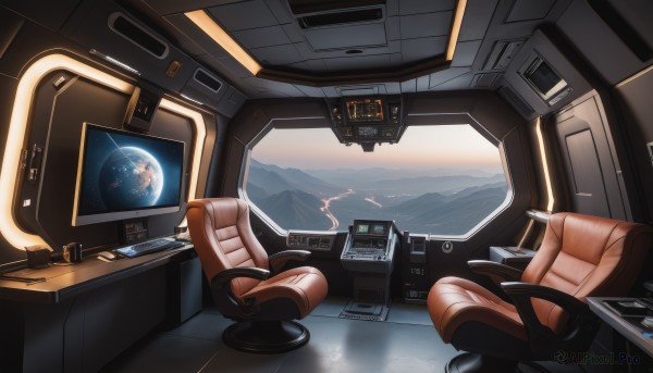 sky,cloud,indoors,no humans,window,scenery,reflection,science fiction,mountain,space,computer,monitor,planet,earth (planet),spacecraft,car interior,cockpit,seat,chair,desk,realistic,map