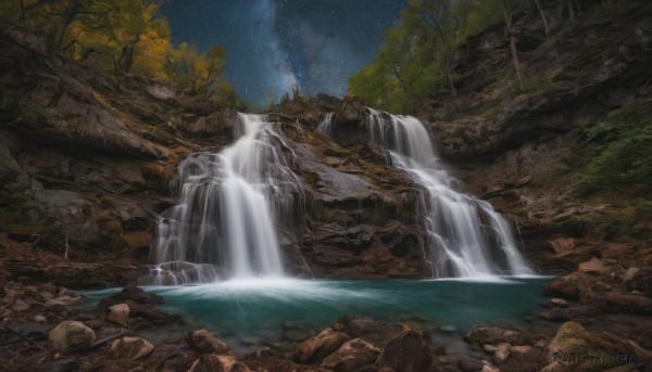 outdoors, sky, water, tree, no humans, night, star (sky), nature, night sky, scenery, starry sky, rock, waterfall