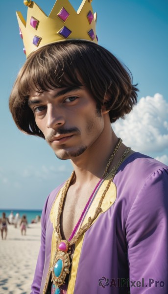 solo,looking at viewer,short hair,brown hair,1boy,brown eyes,jewelry,closed mouth,upper body,male focus,outdoors,sky,solo focus,day,cloud,necklace,blurry,black eyes,blue sky,blurry background,facial hair,ocean,beach,crown,beard,realistic,nose,mustache,sand,purple shirt,purple jacket,black hair,gem,gold chain