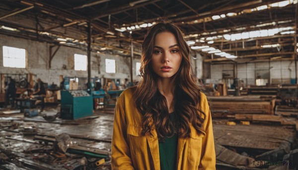 1girl,solo,long hair,looking at viewer,blue eyes,brown hair,shirt,brown eyes,jacket,upper body,parted lips,open clothes,solo focus,indoors,lips,wavy hair,realistic,green shirt,yellow jacket,blurry,scenery,yellow shirt,nose