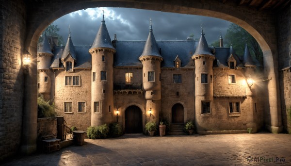 HQ,outdoors,sky,day,cloud,tree,no humans,window,night,cloudy sky,plant,building,night sky,scenery,lantern,stairs,door,potted plant,light,road,lamp,bush,architecture,house,lamppost,tower,church,arch,moon,city,fantasy,bench,castle,path,pavement,chimney