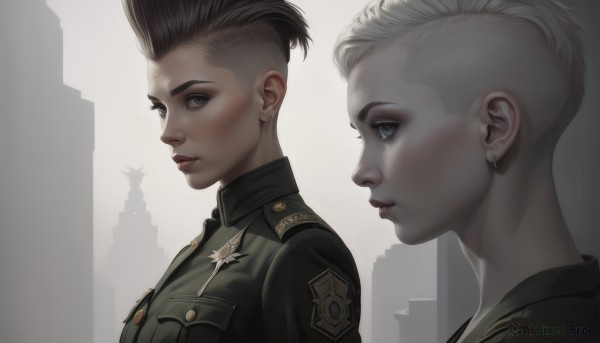 1girl,looking at viewer,short hair,blue eyes,multiple girls,blonde hair,black hair,1boy,2girls,jewelry,jacket,upper body,white hair,earrings,parted lips,uniform,from side,lips,grey eyes,military,eyelashes,military uniform,profile,building,realistic,nose,stud earrings,undercut,mohawk,makeup,portrait,very short hair,badge,medal,insignia