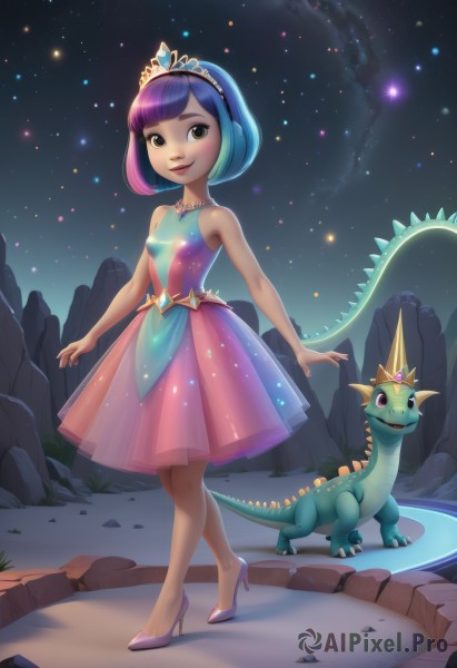 1girl,breasts,looking at viewer,smile,short hair,bangs,skirt,dress,bare shoulders,brown eyes,jewelry,closed mouth,blue hair,standing,tail,full body,pink hair,purple hair,multicolored hair,hairband,small breasts,outdoors,sky,shoes,sleeveless,artist name,signature,blunt bangs,necklace,star (symbol),high heels,lips,see-through,bare arms,pokemon (creature),night,sleeveless dress,watermark,bob cut,tiara,gem,star (sky),pink dress,web address,multicolored clothes,personification,starry sky,walking,rock,dragon,pink footwear,multicolored dress,solo,blush,two-tone hair,grass,crown,child,night sky,purple footwear