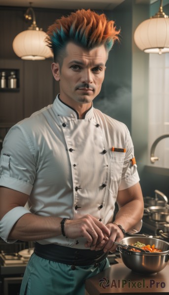 solo,looking at viewer,short hair,brown hair,shirt,1boy,holding,brown eyes,standing,white shirt,short sleeves,male focus,multicolored hair,cowboy shot,parted lips,food,collared shirt,pants,indoors,orange hair,blurry,black eyes,bracelet,two-tone hair,buttons,blurry background,facial hair,steam,bowl,watch,realistic,wristwatch,lamp,noodles,green pants,kitchen,counter,chef,soup,black hair,jewelry,apron,scar,beard,name tag,cooking,mohawk