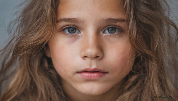 1girl,solo,long hair,looking at viewer,blonde hair,simple background,brown hair,brown eyes,closed mouth,grey background,lips,eyelashes,portrait,close-up,freckles,realistic,nose,blue eyes,parted lips,wavy hair,expressionless