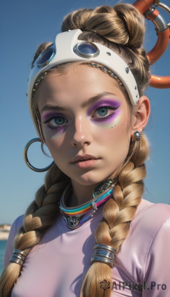 1girl,solo,long hair,breasts,looking at viewer,blue eyes,blonde hair,simple background,brown hair,shirt,jewelry,closed mouth,upper body,braid,earrings,choker,necklace,hair bun,blurry,twin braids,lips,eyelashes,bodysuit,makeup,blurry background,blue background,piercing,lipstick,portrait,hair over shoulder,forehead,eyeshadow,freckles,goggles on head,hoop earrings,realistic,nose,eyeliner,hair pulled back,mascara,multiple braids,hair ornament,medium breasts,green eyes,white shirt,hairband,outdoors,sky,day,artist name,mole,blue sky,depth of field,headband,facial mark,pink shirt,pink lips,hair tie,neck ring