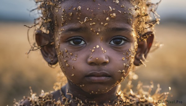 solo,looking at viewer,short hair,blue eyes,1boy,jewelry,closed mouth,male focus,earrings,dark skin,blurry,black eyes,dark-skinned female,lips,depth of field,blurry background,expressionless,piercing,dark-skinned male,portrait,androgynous,freckles,realistic,very short hair,gold,1girl,black hair,hair ornament,necklace,eyelashes,close-up,gold trim,nose