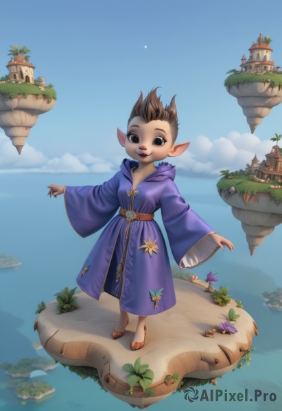 1girl,solo,looking at viewer,smile,open mouth,brown hair,1boy,standing,flower,outdoors,horns,sky,barefoot,day,pointy ears,belt,cloud,hood,wide sleeves,water,black eyes,tree,blue sky,ocean,bug,plant,child,furry,robe,fantasy,short hair,long sleeves,dress,brown eyes,full body,teeth,watermark,grass,butterfly,purple dress,floating,castle,tower,floating island