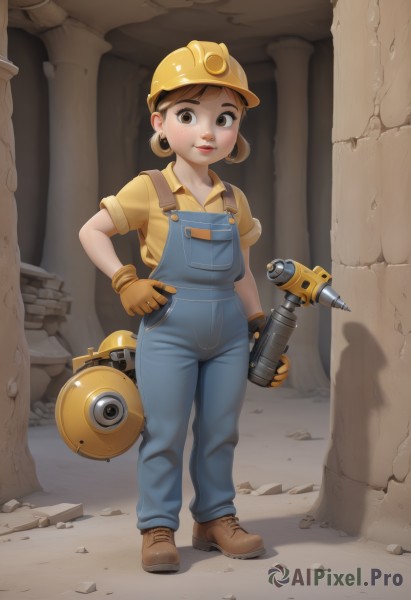 1girl,solo,looking at viewer,smile,short hair,brown hair,shirt,gloves,hat,holding,brown eyes,closed mouth,standing,full body,weapon,short sleeves,earrings,boots,shoes,collared shirt,lips,hand on hip,shadow,brown footwear,helmet,child,yellow shirt,overalls,yellow headwear,hardhat,blush,jewelry,parted lips,holding weapon,brown gloves,hoop earrings,nose,yellow gloves