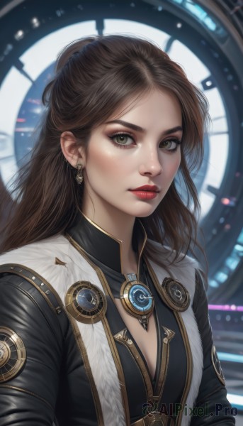 1girl,solo,long hair,breasts,looking at viewer,brown hair,cleavage,brown eyes,jewelry,medium breasts,closed mouth,green eyes,upper body,earrings,small breasts,necklace,lips,eyelashes,makeup,lipstick,realistic,nose,clock,red lips,bangs,jacket,forehead