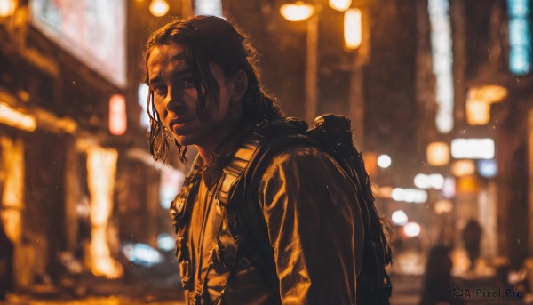 solo,long hair,brown hair,black hair,1boy,brown eyes,closed mouth,jacket,upper body,male focus,outdoors,dark skin,hood,bag,blurry,vest,night,depth of field,blurry background,facial hair,dark-skinned male,backpack,realistic,looking at viewer,shirt,jewelry,necklace,from side,lips,scar,light