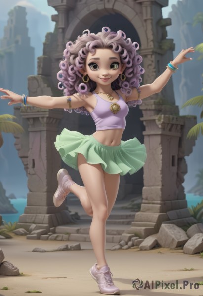 1girl,solo,long hair,breasts,looking at viewer,smile,skirt,navel,bare shoulders,brown eyes,jewelry,green eyes,standing,full body,pink hair,purple hair,pleated skirt,earrings,small breasts,outdoors,sky,shoes,day,pointy ears,midriff,artist name,signature,dark skin,miniskirt,water,necklace,bracelet,dark-skinned female,tree,lips,crop top,shadow,watermark,leg up,white footwear,standing on one leg,tank top,outstretched arms,green skirt,sneakers,armlet,curly hair,hoop earrings,rock,spread arms,bangle,armpits,bare legs,makeup,armband,pendant