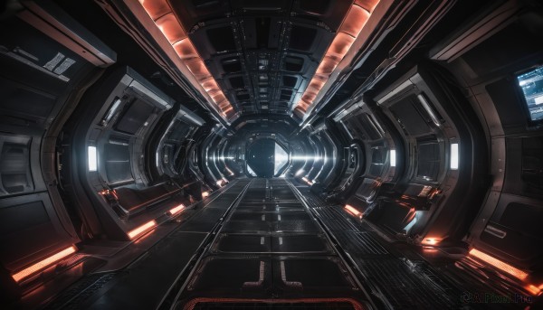 no humans,scenery,reflection,science fiction,realistic,light,cable,space,spacecraft,cockpit,window,glowing,robot,floating,machinery,planet,lights