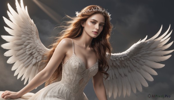 1girl,solo,long hair,breasts,looking at viewer,large breasts,brown hair,hair ornament,dress,cleavage,bare shoulders,brown eyes,medium breasts,closed mouth,collarbone,upper body,flower,wings,sky,sleeveless,cloud,white dress,lips,bare arms,wavy hair,sunlight,tiara,feathered wings,angel wings,light rays,realistic,white wings,angel,head wreath,cloudy sky,sunbeam