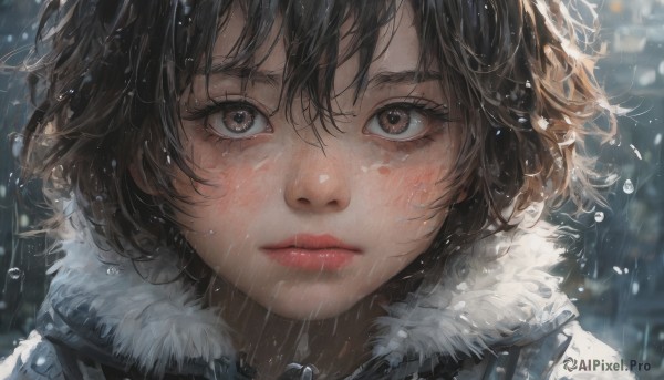 1girl, solo, looking at viewer, short hair, bangs, brown hair, black hair, brown eyes, closed mouth, outdoors, blurry, lips, fur trim, eyelashes, portrait, close-up, rain, realistic, nose