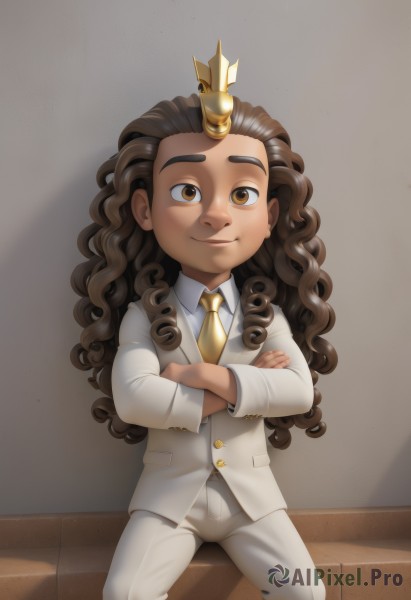 solo,long hair,looking at viewer,smile,brown hair,shirt,1boy,brown eyes,sitting,jacket,male focus,necktie,horns,pants,dark skin,formal,crossed arms,dark-skinned male,thick eyebrows,suit,crown,single horn,curly hair,white pants,yellow necktie,dreadlocks,white suit,long sleeves,closed mouth,white shirt,collared shirt,aged down,looking up,child,male child