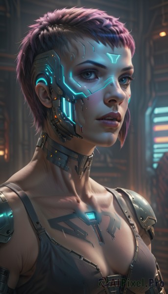 1girl,solo,breasts,looking at viewer,short hair,blue eyes,cleavage,medium breasts,collarbone,upper body,pink hair,small breasts,parted lips,teeth,choker,blurry,lips,eyelashes,tattoo,blurry background,glowing,tank top,science fiction,realistic,nose,very short hair,mechanical arms,cyborg,cyberpunk,mechanical parts,black hair,purple hair,makeup,facial mark,lipstick,eyeshadow,freckles,android,eyeliner,facepaint,robot joints,mascara,hologram