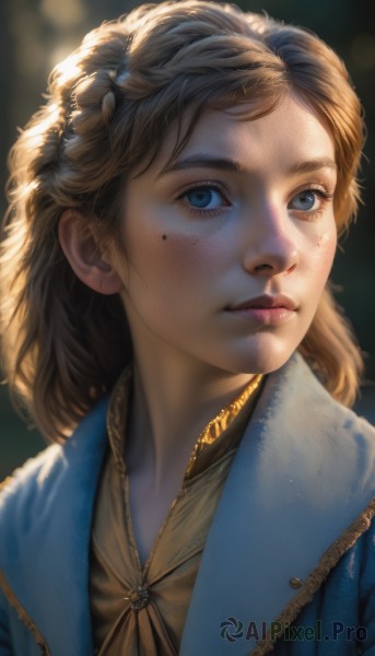 1girl,solo,long hair,looking at viewer,blue eyes,blonde hair,brown hair,closed mouth,upper body,braid,mole,blurry,lips,eyelashes,mole under eye,blurry background,portrait,freckles,curly hair,realistic,nose,bangs,jewelry,necklace,backlighting,blue coat,mole on cheek