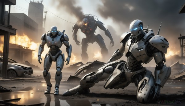 HQ,standing,weapon,outdoors,multiple boys,2boys,armor,gun,military,no humans,kneeling,glowing,helmet,fire,robot,ground vehicle,building,mecha,glowing eyes,motor vehicle,smoke,walking,science fiction,city,realistic,military vehicle,car,road,cable,one knee,explosion,tank,power lines,street,damaged,utility pole,open hands,power armor,dust,radio antenna,truck,blue eyes,sky,cloud,cloudy sky,battle,ruins,burning,humanoid robot,traffic light,helicopter