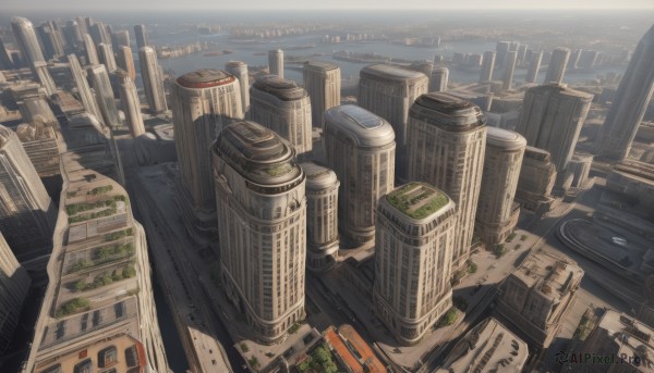 outdoors,sky,day,water,no humans,ocean,from above,building,scenery,city,cityscape,ruins,skyscraper,ground vehicle,motor vehicle,science fiction,car,road