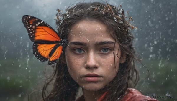 1girl, solo, long hair, looking at viewer, blue eyes, brown hair, hair ornament, closed mouth, outdoors, blurry, lips, blurry background, bug, butterfly, portrait, freckles, rain, snowing, realistic, nose, butterfly hair ornament